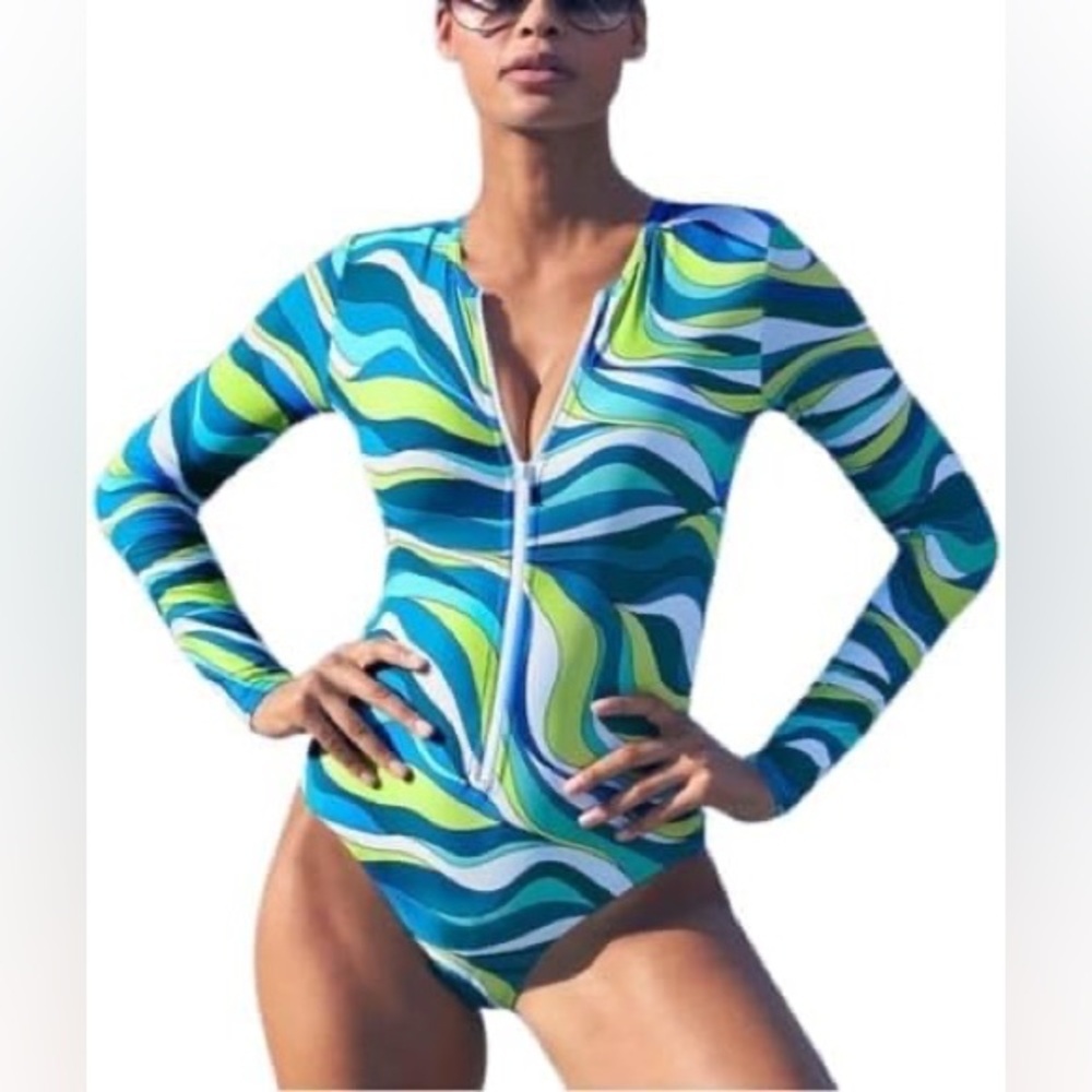 MICHAEL Michael Kors Psychedelic Print Zip Front Surf One Piece Swimsuit Size 10